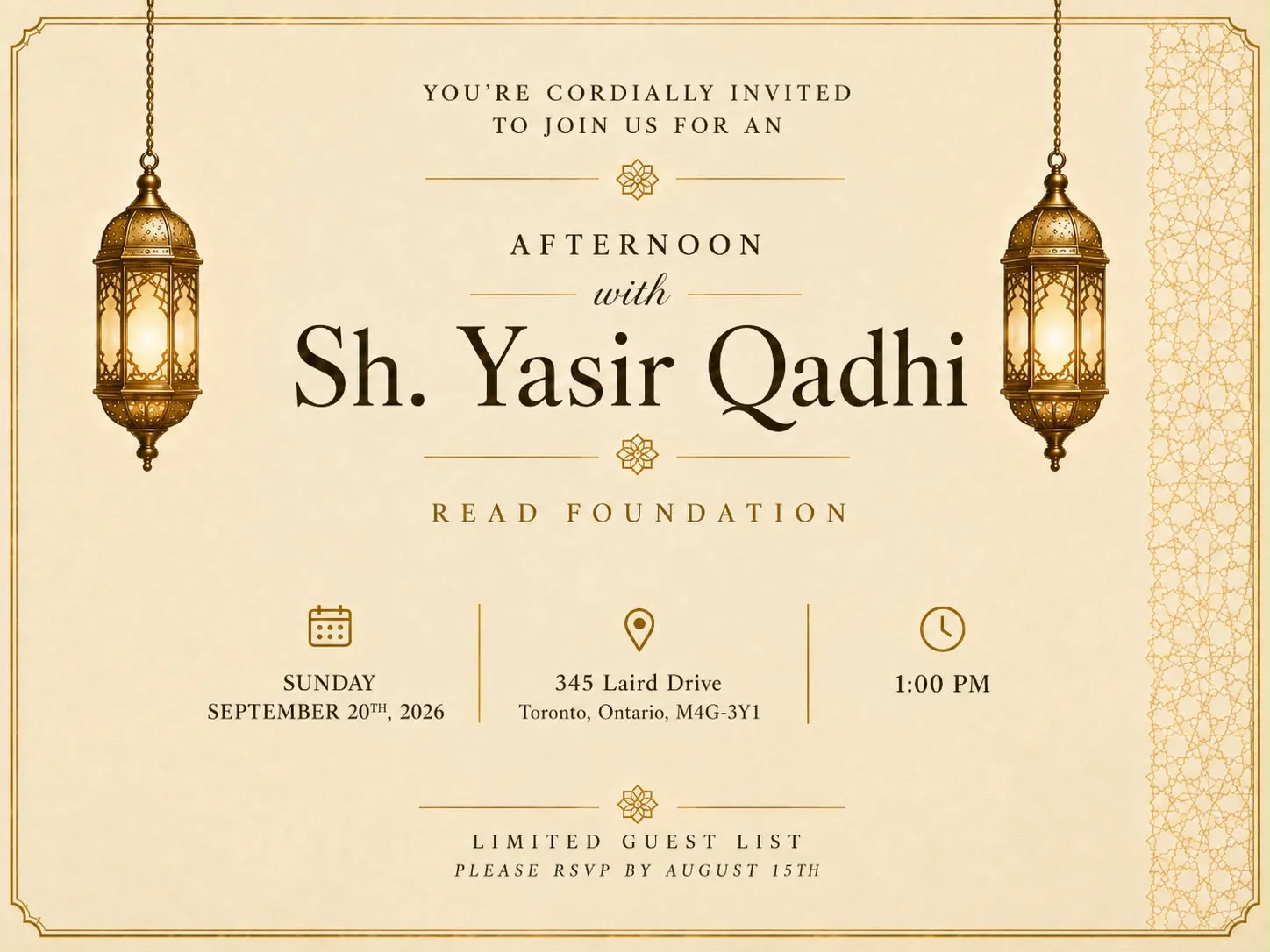 Invitation — An Afternoon with Shaykh Yasir Qadhi, Sunday September 20th 2026, 345 Laird Drive Toronto, 1:00 PM